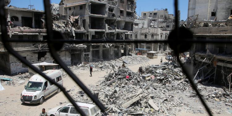 A view from a window of a newly reopened sewing factory, for which the machines were retrieved from a building hit in an Israeli strike, amid Israel-Hamas conflict, in Khan Younis in the southern Gaza Strip July 3, 2024. REUTERS/Hatem Khaled