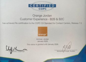 أورنج الأردن تستمر بريادتها العالمية في خدمة الزبائن مع تجديد شهادة COPC للعام السادس